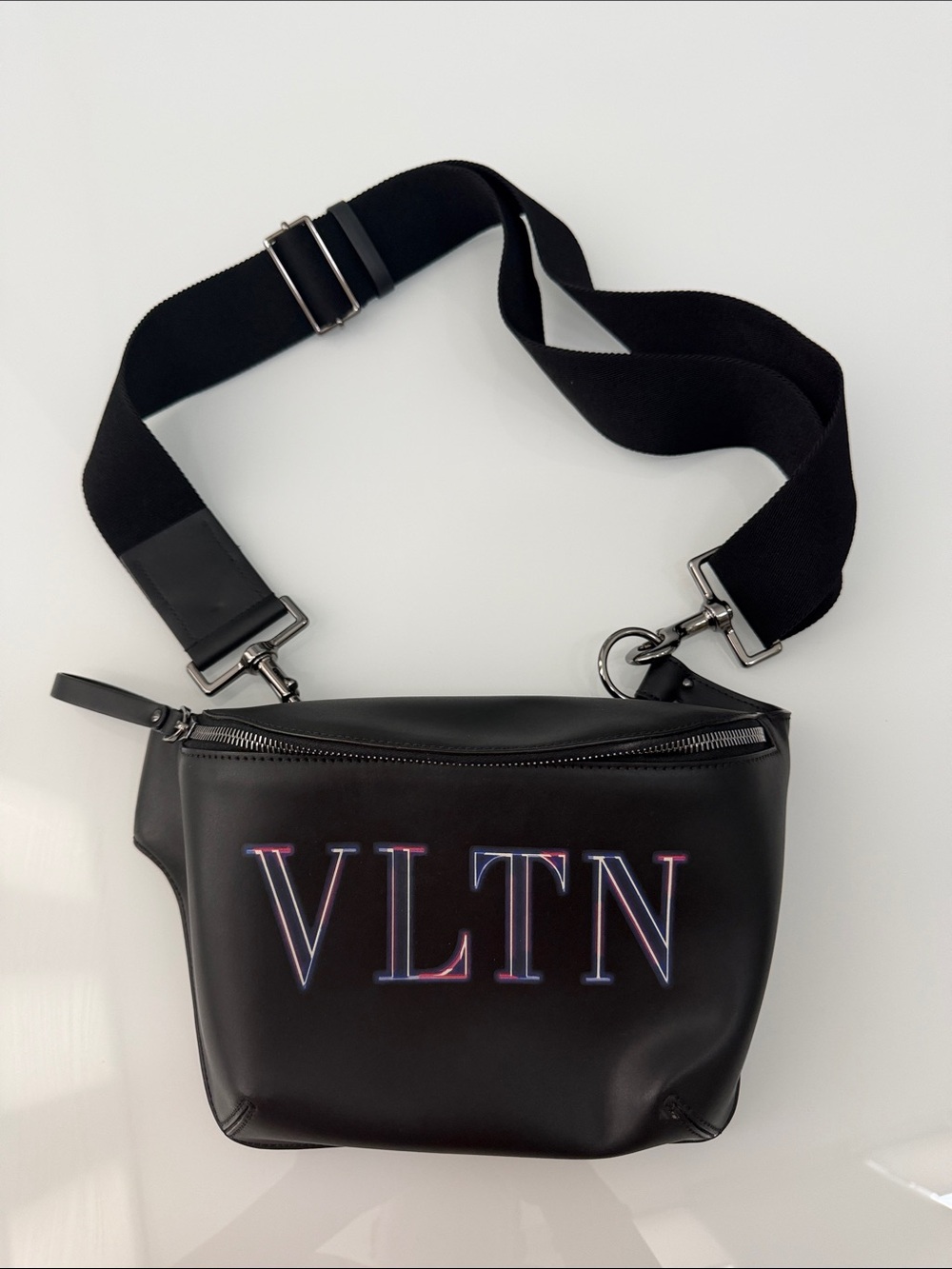 Valentino Garavani Black Leather Belt Bag with Multicolor VLTN Logo